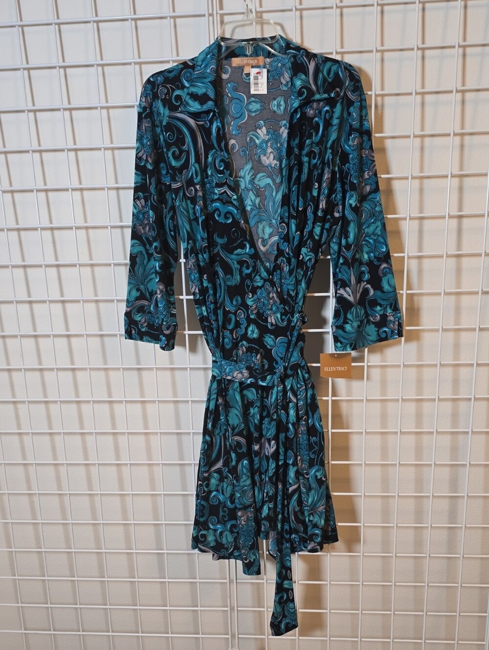 Ellen Tracy Boho Black & Teal Patterned Wrap Midi Dress Size XL NWT